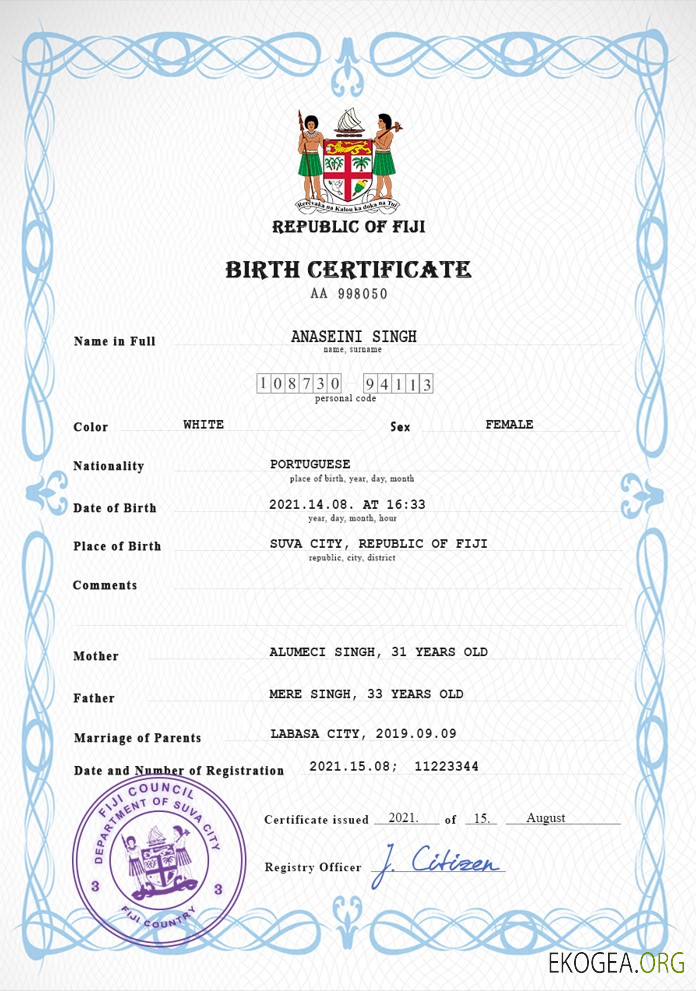 Modèle PSD de certificat de naissance de l'état civil des Fidji